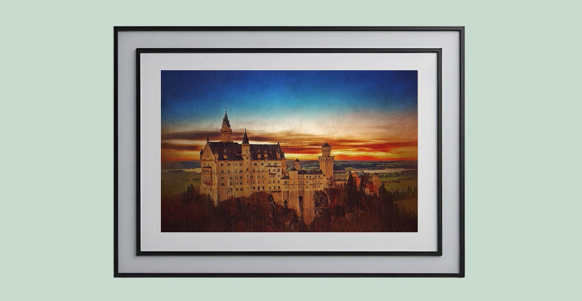 Neuschwanstein Castle Oil Paint Oil Painting of Neuschwanstein Castle – Fairytale Bavarian Alps Landscape with Vibrant Colors and Romantic Architecture